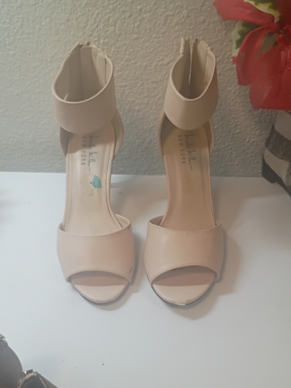 Nicole Miller Beige Ankle-Strap Open-Toe Heels